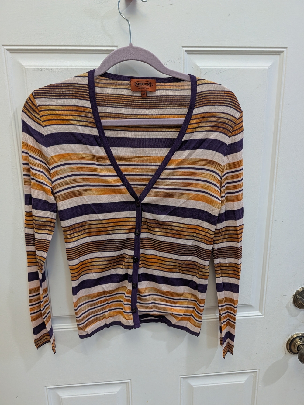 Missoni Striped V-Neck Button Cardigan in Purple & Mustard